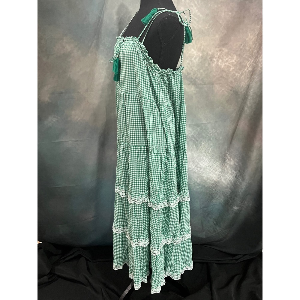 J.Crew Green Gingham Tiered Cotton Midi Dress Lace Trim Tassels Womens Large - Picture 2 of 9